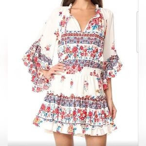 $380 MISA Los Angeles Ximena Peasant Boho Floral Tassel Dress Smock White Red L
